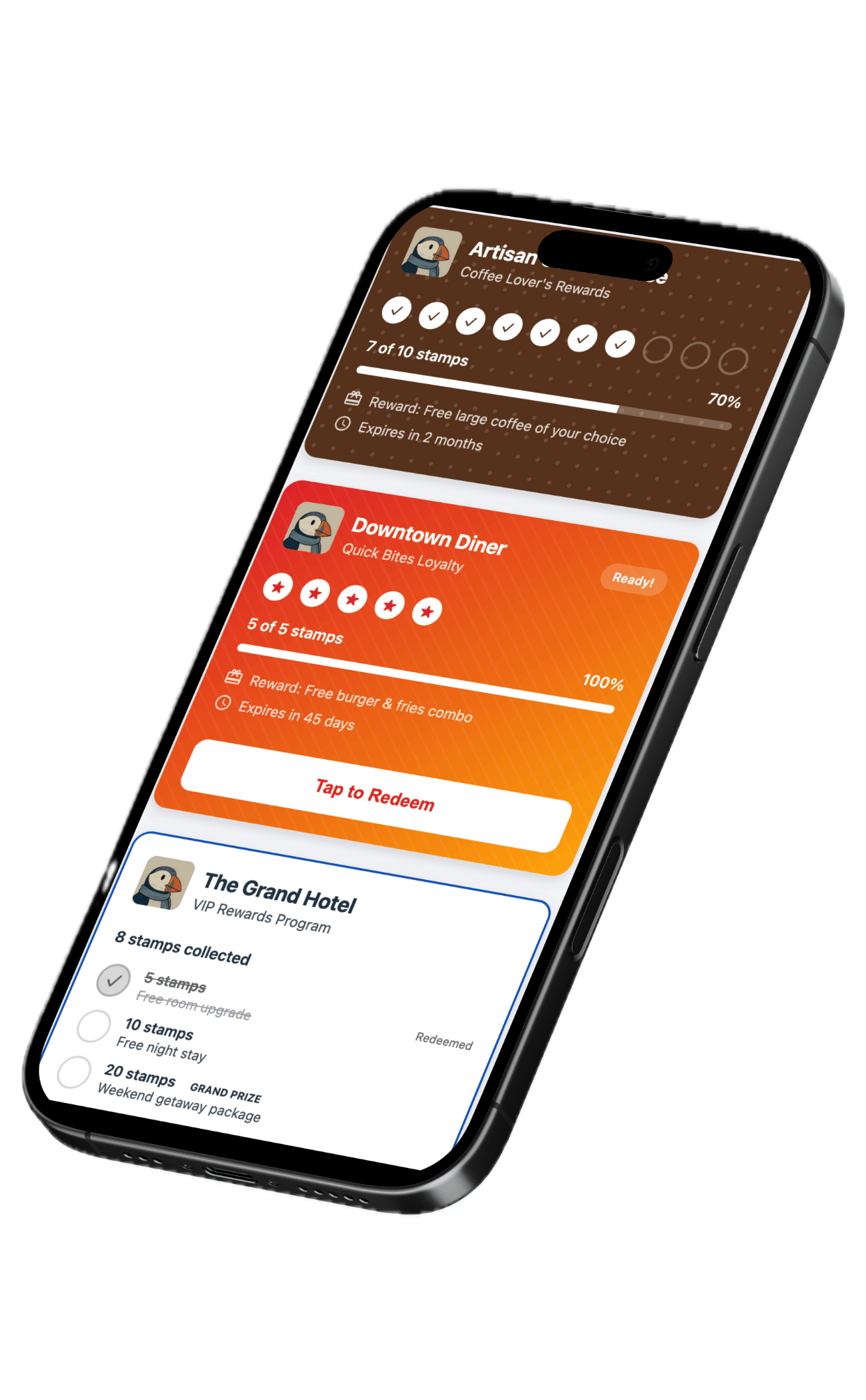 Lundi app showing loyalty cards