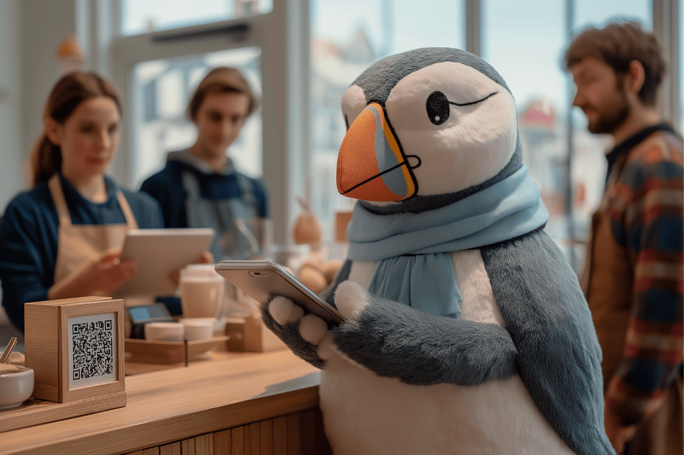 Lundi mascot checking in at cafe